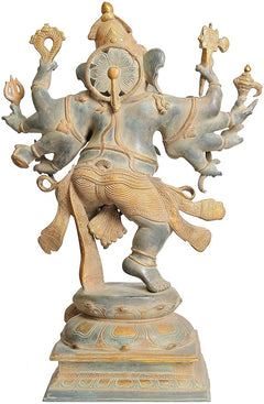 Brass Ganesha statue, four arms raised and four at sides, detailed halo back
