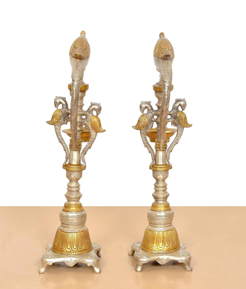 Brass Parrot Oil Lamp Stand Diya |Set of 2| (Height: 16.5 Inch)