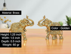 Brass elephant figurines set of 2, gold color, close view of detailed engravings