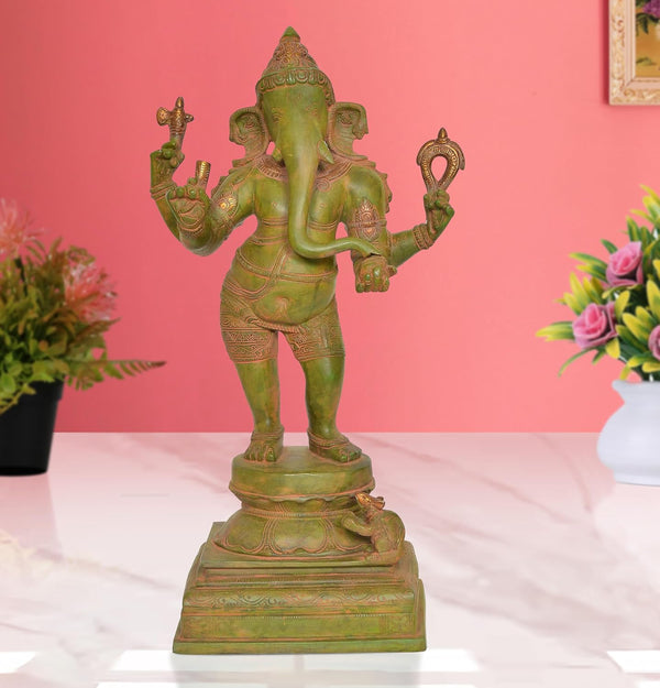 Brass Standing Lord Ganesha Idol Statue Decorative Sculpture for Home Decor Office Mandir Pooja Temple (Height 18 Inch) (Multicolor 1)