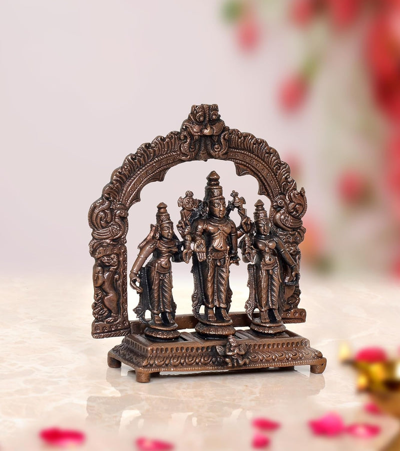 Copper Vishnu Shridevi and Bhudevi Statue for Home Temple Office Mandir, (Height: 4 Inch)