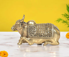Bronze Shiva Nandi seated statue, ornate patterned body and saddle detailing