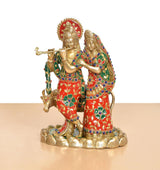 Vorderansicht Radha-Krishna Messingidol mit Kuh, rotes und grünes, perlenbesetztes Gewand