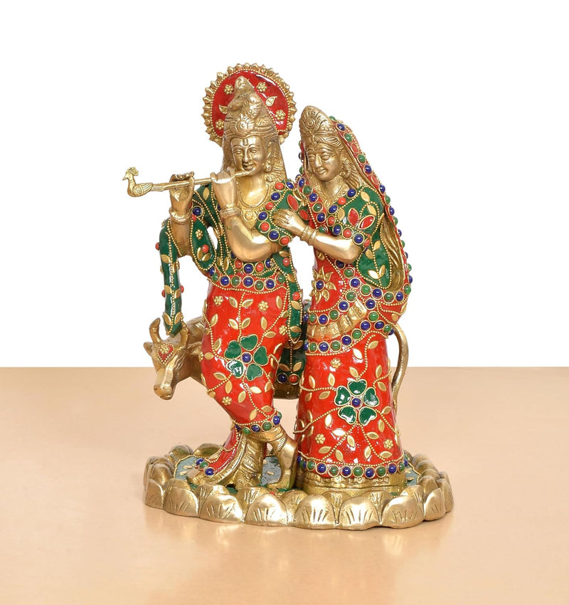 Brass Radha Krishna with Cow Idol (Height 11 Inch)
