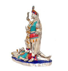 Kali Maa idol statue, 14 inch, seated posture on blue base, multicolor belt