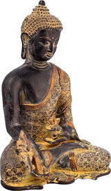 Brass Buddha statue seated in bhumisparsha mudra, ornate gold detailing, 10 in