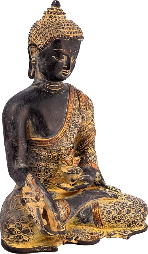 Brass Buddha statue seated in bhumisparsha mudra, ornate gold detailing, 10 in