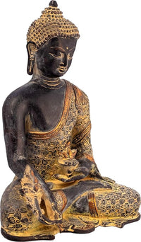 Brass Buddha statue seated in bhumisparsha mudra, ornate gold detailing, 10 in