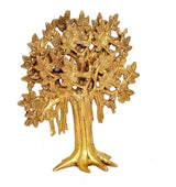 Golden brass tree figurine with dense leafwork, sculpted trunk and spreading base