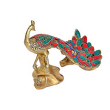 Brass peacock showpiece with multicolor tail in red, teal, and blue inlay