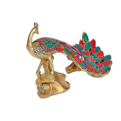 Brass peacock showpiece with multicolor tail in red, teal, and blue inlay