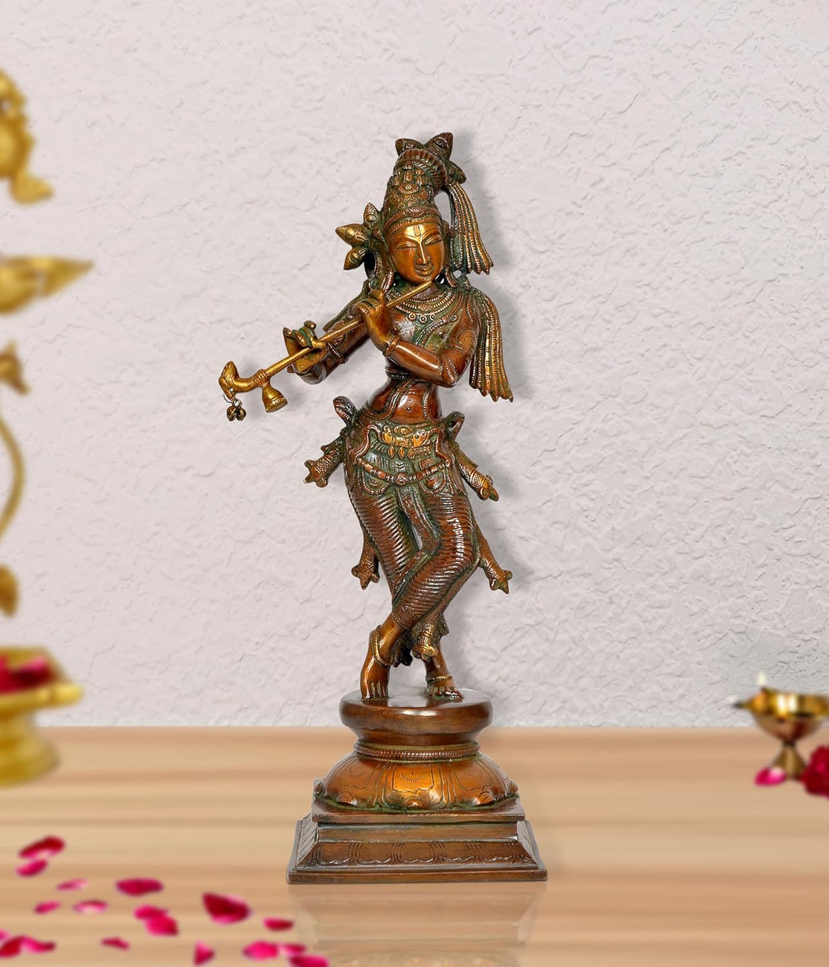 Standing brass Lord Krishna statue playing flute, colorful detailing on base