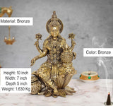 Lakshmi statue, brass-finish, 10 inch height; detailed jewelry and lotus base