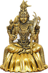 Close-up of golden brass goddess statue face, crown, and beaded ornaments