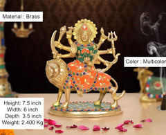 Brass Durga Maa on lion figurine, multicolored, height 7.5 in