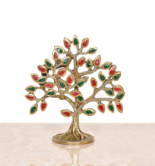 Brass Kalpavriksha Tree Table Standing with Stonework for Home Decor and Ofice Teble Decor Figurine (Height: 6 inch) (Multicolor Tree 1)