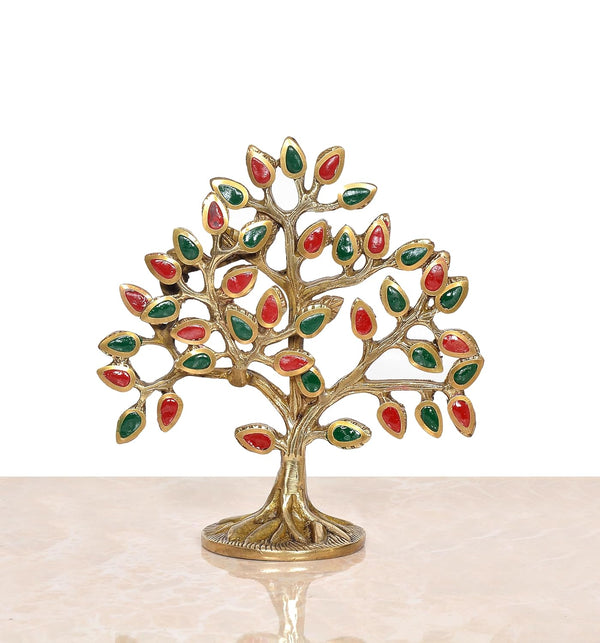 Brass Kalpavriksha Tree Table Standing with Stonework for Home Decor and Ofice Teble Decor Figurine (Height: 6 inch) (Multicolor Tree 1)