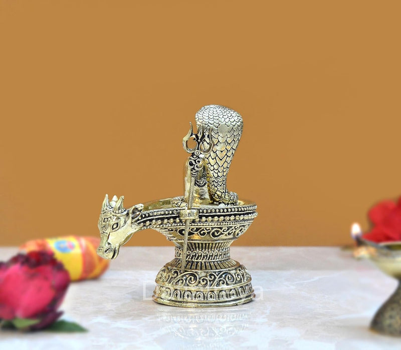 Bronze Shivling with Naag and Nandi Figurine Prefect for Home Mandir (Height: 4 inch)