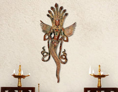 Brass Naga Kanya statue with serpent-hood crown, ornate face, winged arms and long tail