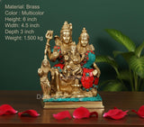 Brass Shiv Parivar idol with multicolor jewelry details, standing pose, 6-inch