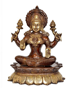 Brass Lakshmi idol statue, frontal view, ornate crown and gold-toned hands