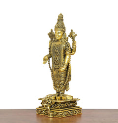 Brass Lord Tirupati Bala Ji figurine, angled view holding staffs on ornate pedestal