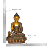 Brass seated Buddha statue, dhyan mudra; 12.5 in height shown with ruler