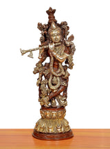 Krishna brass flute sculpture, full front view with detailed crown and layered garments