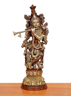Krishna brass flute sculpture, full front view with detailed crown and layered garments