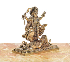 Bronze Mahakaali Mata idol with Shivji, 3/4 view holding trident, jeweled ornate attire