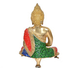 Brass Buddha idol in Dhyan mudra, back/side view, multicolor jeweled robe.