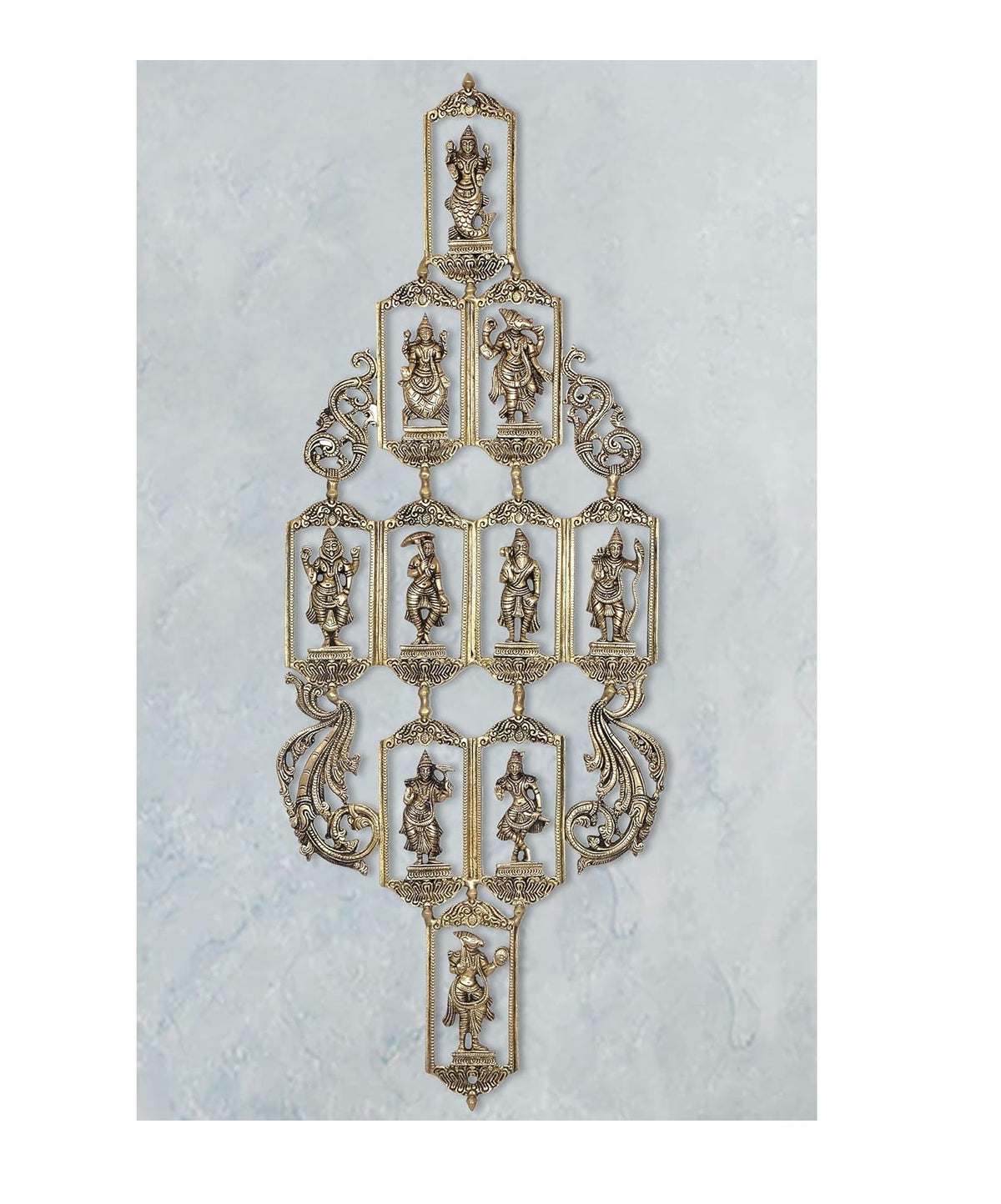 Brass wall hanging with ten Vishnu avatar figures in ornate arched frames