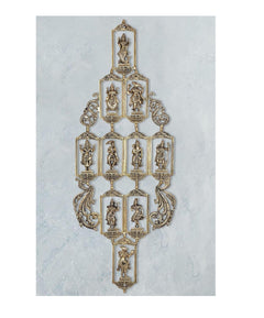 Brass wall hanging with ten Vishnu avatar figures in ornate arched frames