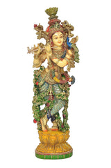 Full-body Lord Krishna resin statue playing flute, colorful garments and gold pedestal