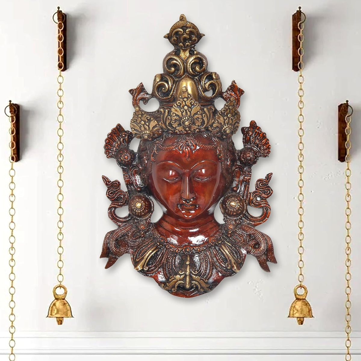 Brass Goddess Tara wall hanging mask statue with gold and red face, hanging chains