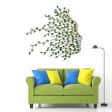 Iron green metal tree-leaf wall sculpture, flowing branch and leaf detail