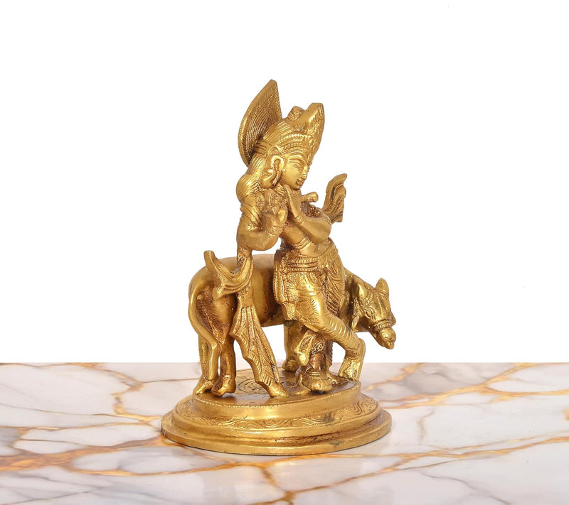 Brass Lord Krishna Playing Flute Statue with Cow (Height:6.5 Inch)
