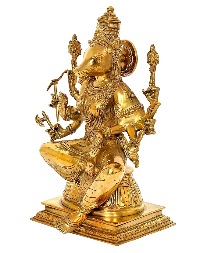 Brass Goddess Varahi Idol Figurine Eight Armed Sculpture Showpiece Home Temple Office Golden Height 13.5 Inches