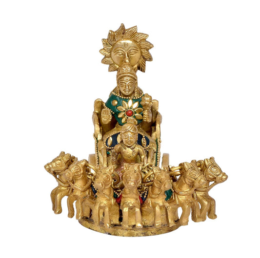 Lord Surya on His Seven Horses Chariot - for Home Decor Mandir Pooja Brass Statue, (Height : 5.5 inch) (Multicolour)