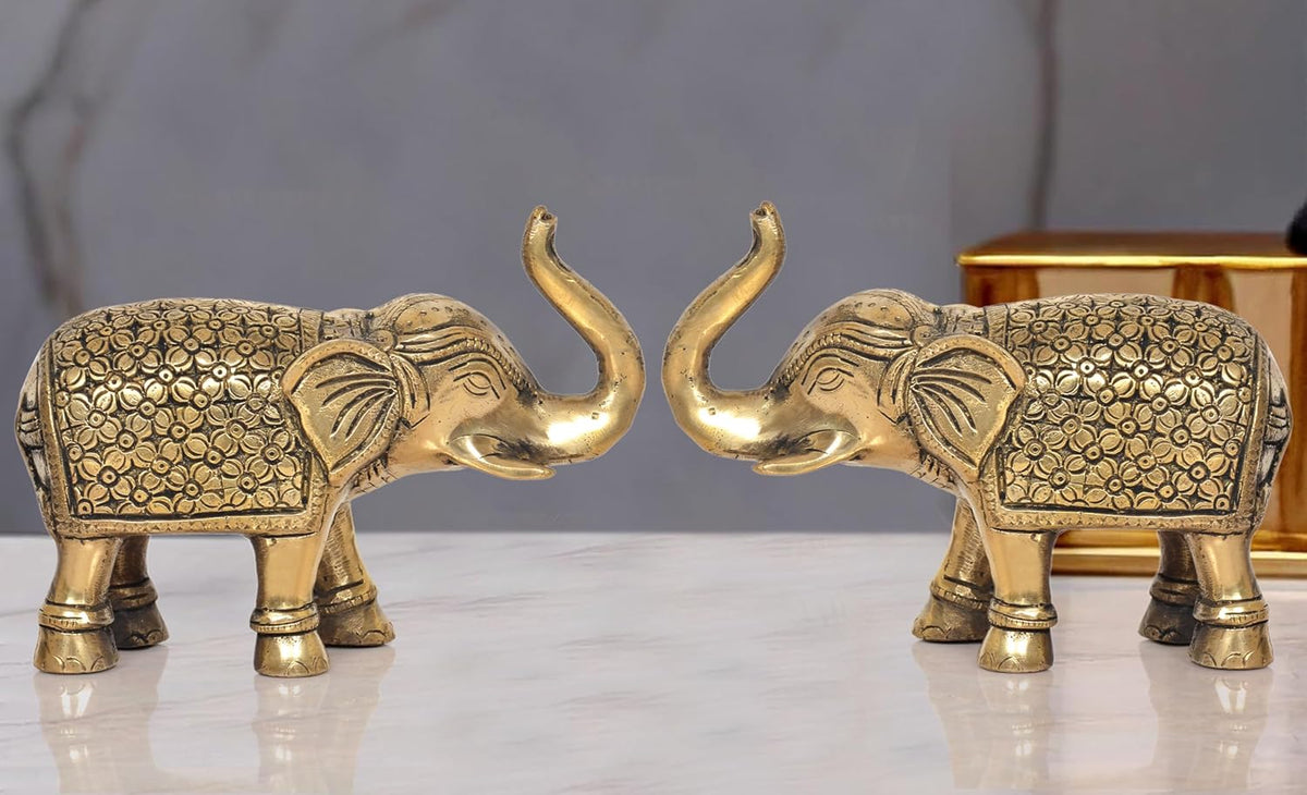 Brass elephant figurine set of 2: two elephants face each other, ornate bodies
