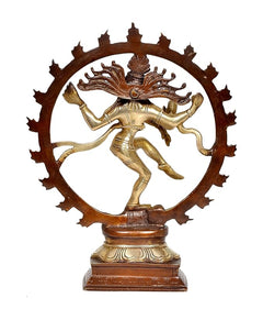 Brass dancing Shiva Nataraj idol, rear view with dark halo ring and base