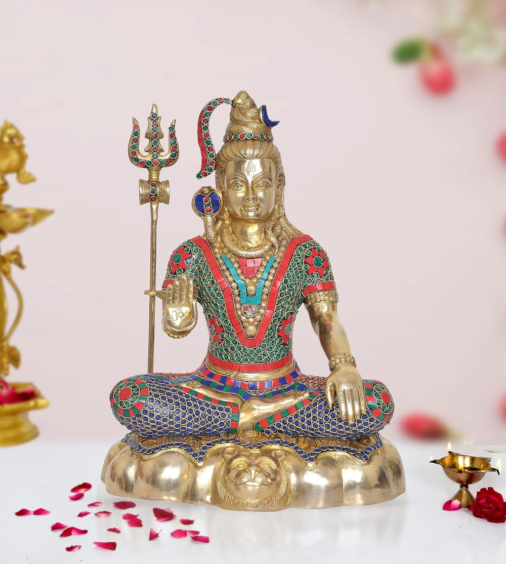Brass Lord Shiv ji Murti Sculpture with Stone Work (Height : 17.5 Inch)