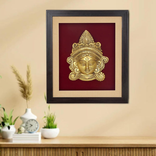 Brass Maa Durga Face Mask Idol with Frame Wall Hanging (Height: 12.5 Inch) (Golden)