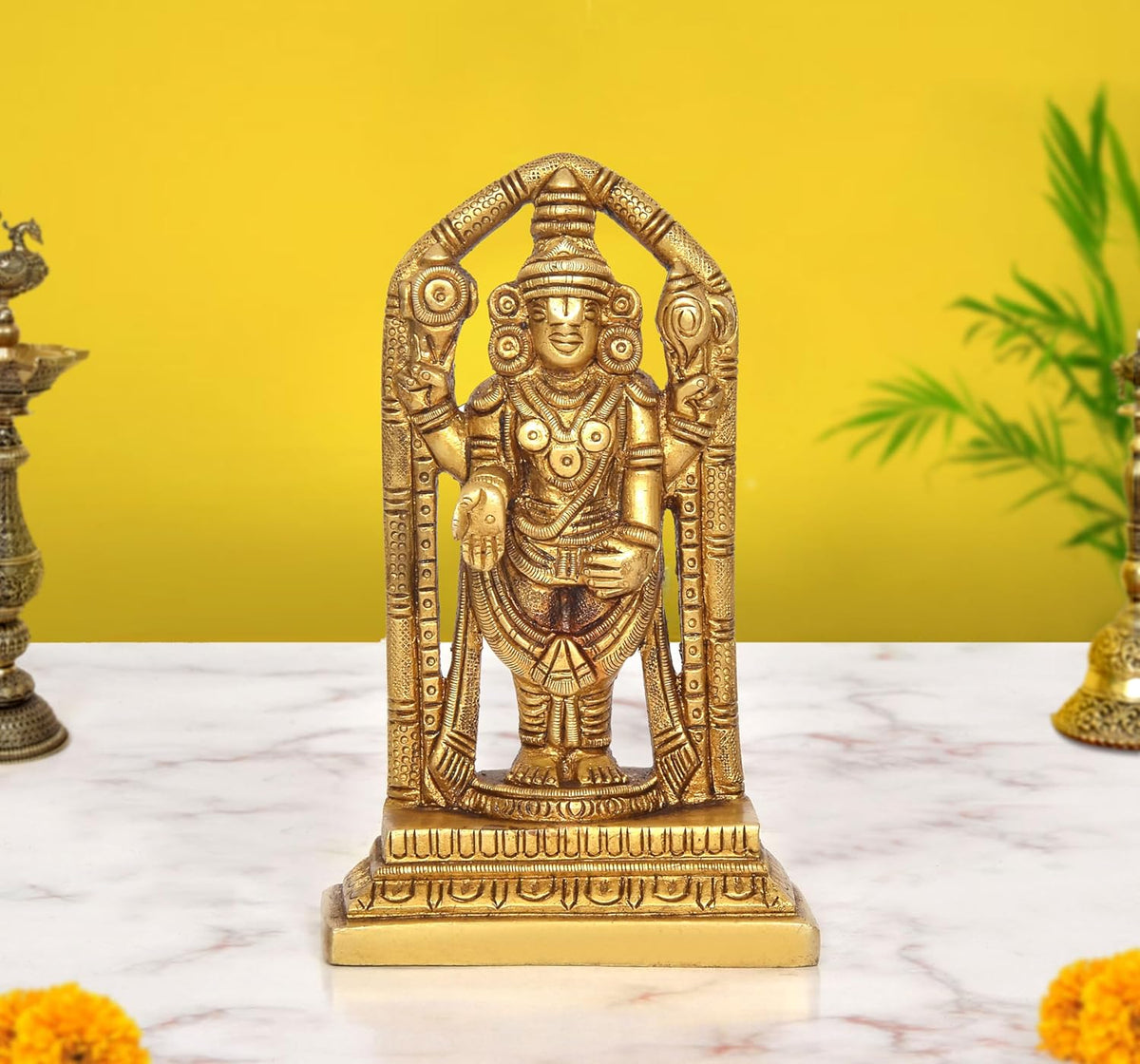 Brass Tirupati Balaji idol, front view with arched hands, 6-inch height