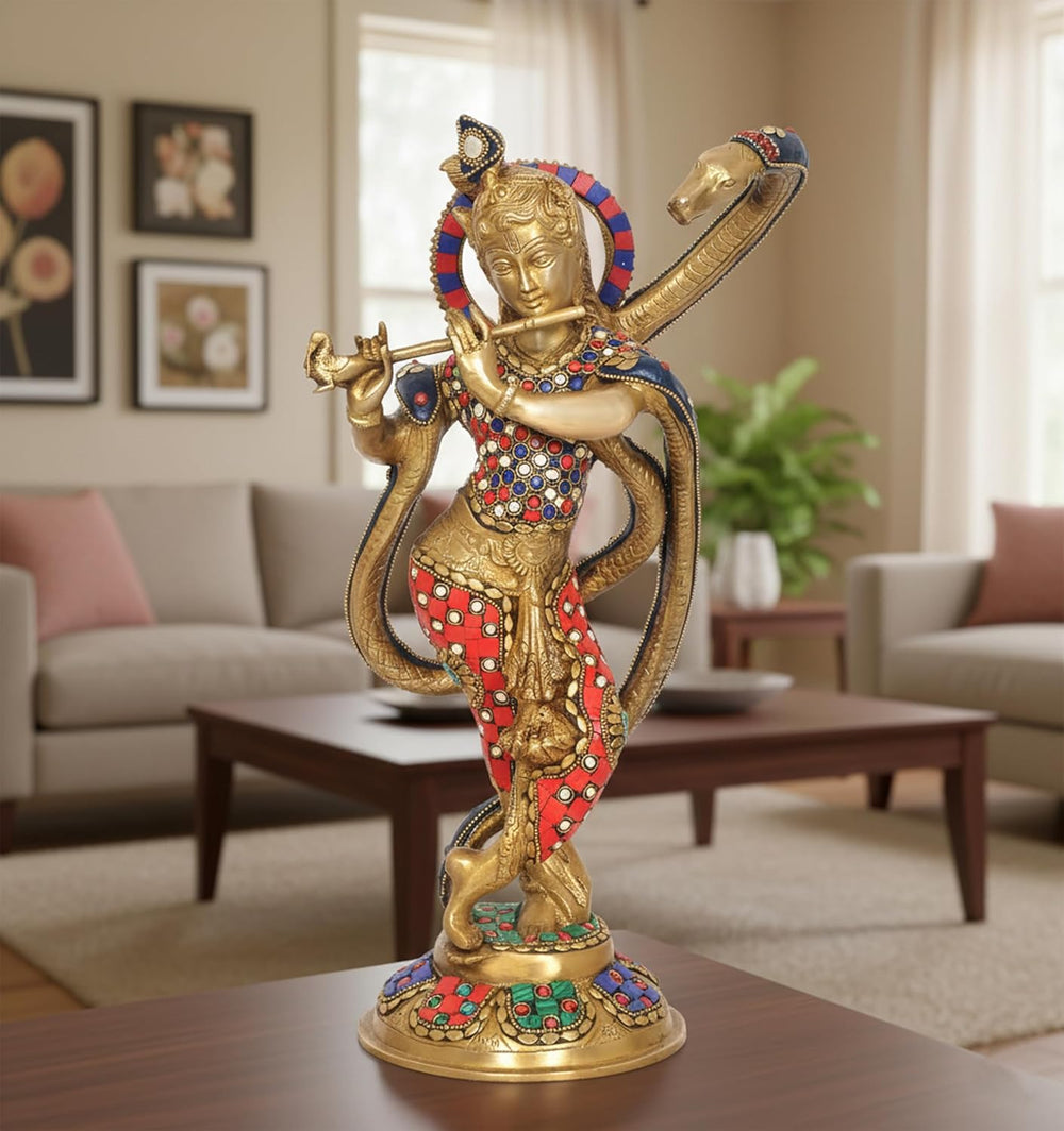 Brass Lord Krishna Surrenders to Kaliya naag Sculpture Playing Flute (Height: 15 Inch)