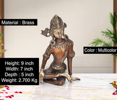 9-inch brass Indra Devta showpiece, multicolor finish, seated deity statue