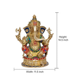 Brass Ganesh statue full front, multicolor jeweled robes and gold detailing, 14.5 in