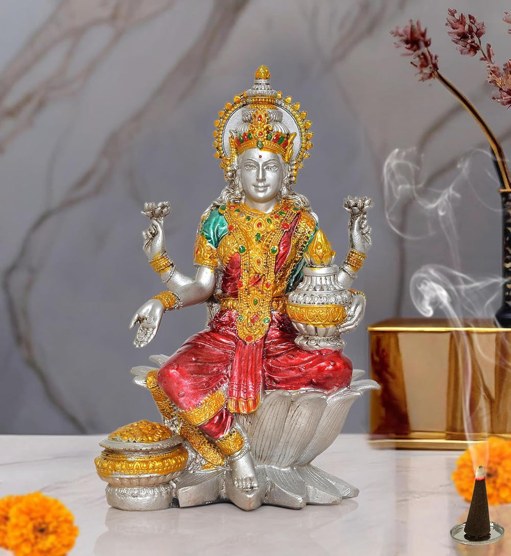 Silver Lord Lakshmi Murti Sitting On Lotus in Resin for Home Decor Mandir Puja (Height : 7 inch)