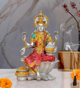 Lakshmi resin statue on lotus, red dress, golden crown, 7 inch height