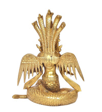 Brass Naga Kanya statue, rear view with flared wing feathers and coiled serpent body